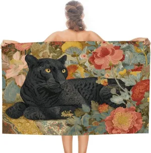Black Majestic Panther Colorful Floral Beach Towel Sand Free Microfiber Large Shower Towels Multipurpose Absorbent for Bathroom Pool 52x32 Inch