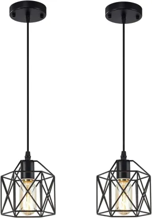 Black Pendant Light, 2 Pack Vintage Cage Hanging Lamp Farmhouse Industrial Metal Pendant Lighting Fixtures for Kitchen Island Bedroom Hallway