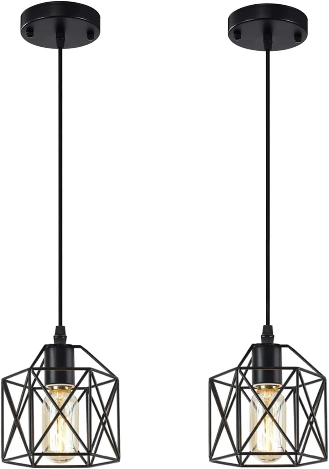Black Pendant Light, 2 Pack Vintage Cage Hanging Lamp Farmhouse Industrial Metal Pendant Lighting Fixtures for Kitchen Island Bedroom Hallway