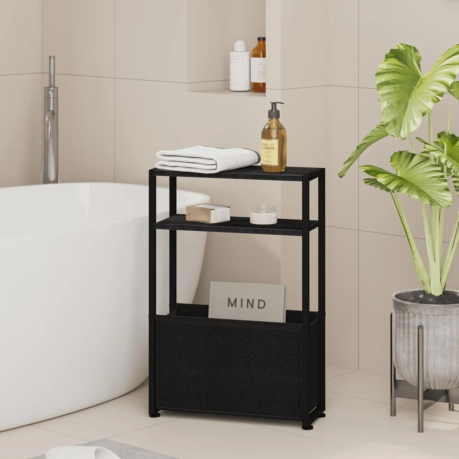 Black Side Table, Slim Side Table with Magazine Rack, Bathroom Table for Small Spaces, Narrow Bedside Table for Living Room, Bedroom