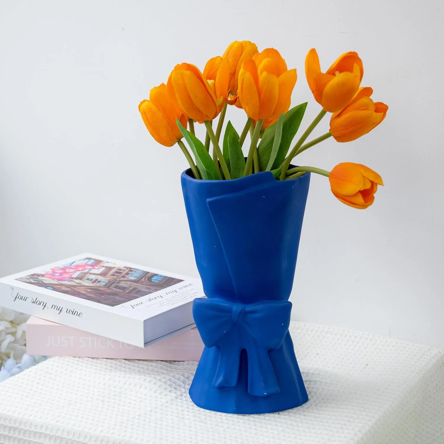 Blue Ceramic Bow Vase 9.64 in Unique Cute Modern Decorative Bouquet Flower Vases for Home Living Room Table Decor Women Girl Gifts
