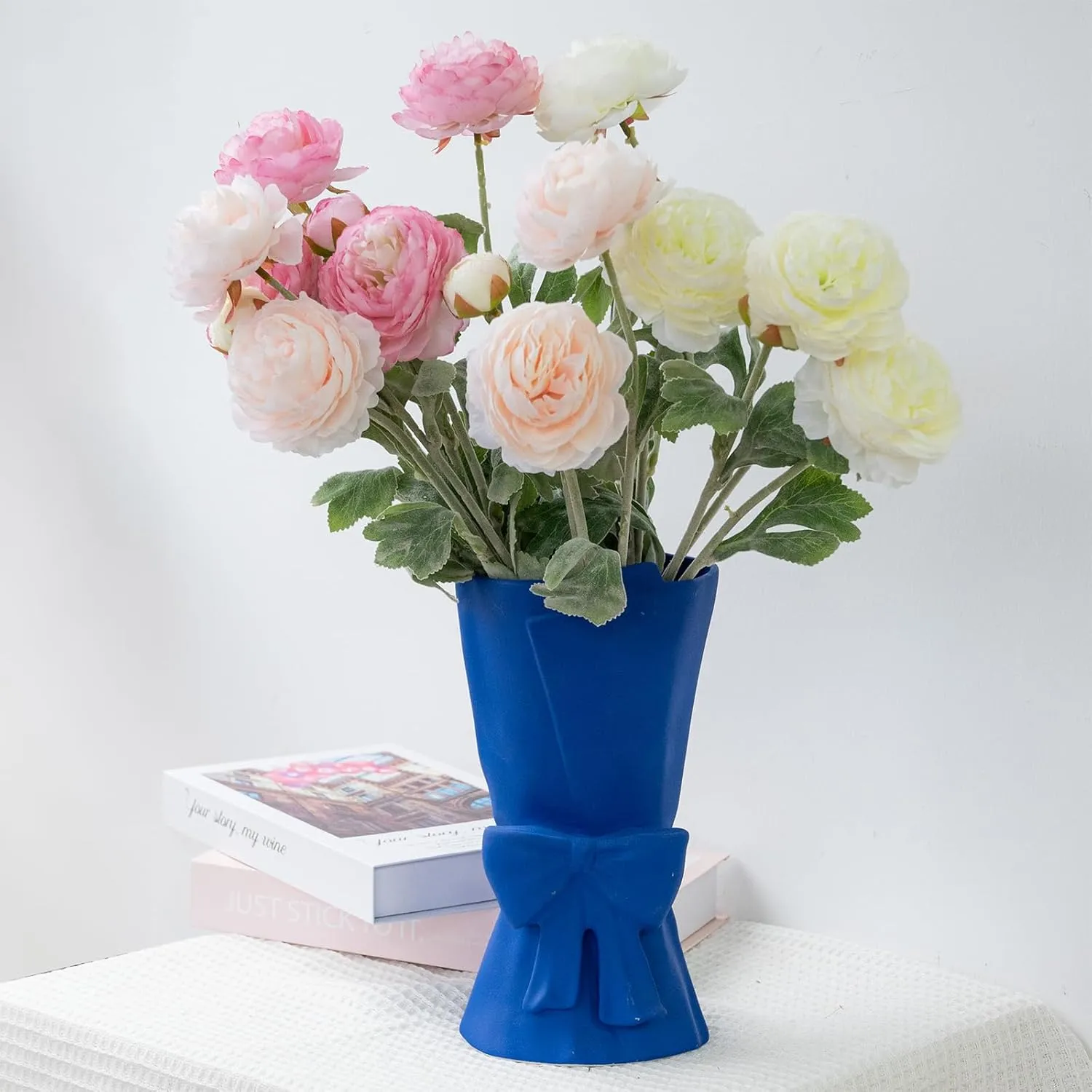 Blue Ceramic Bow Vase 9.64 in Unique Cute Modern Decorative Bouquet Flower Vases for Home Living Room Table Decor Women Girl Gifts