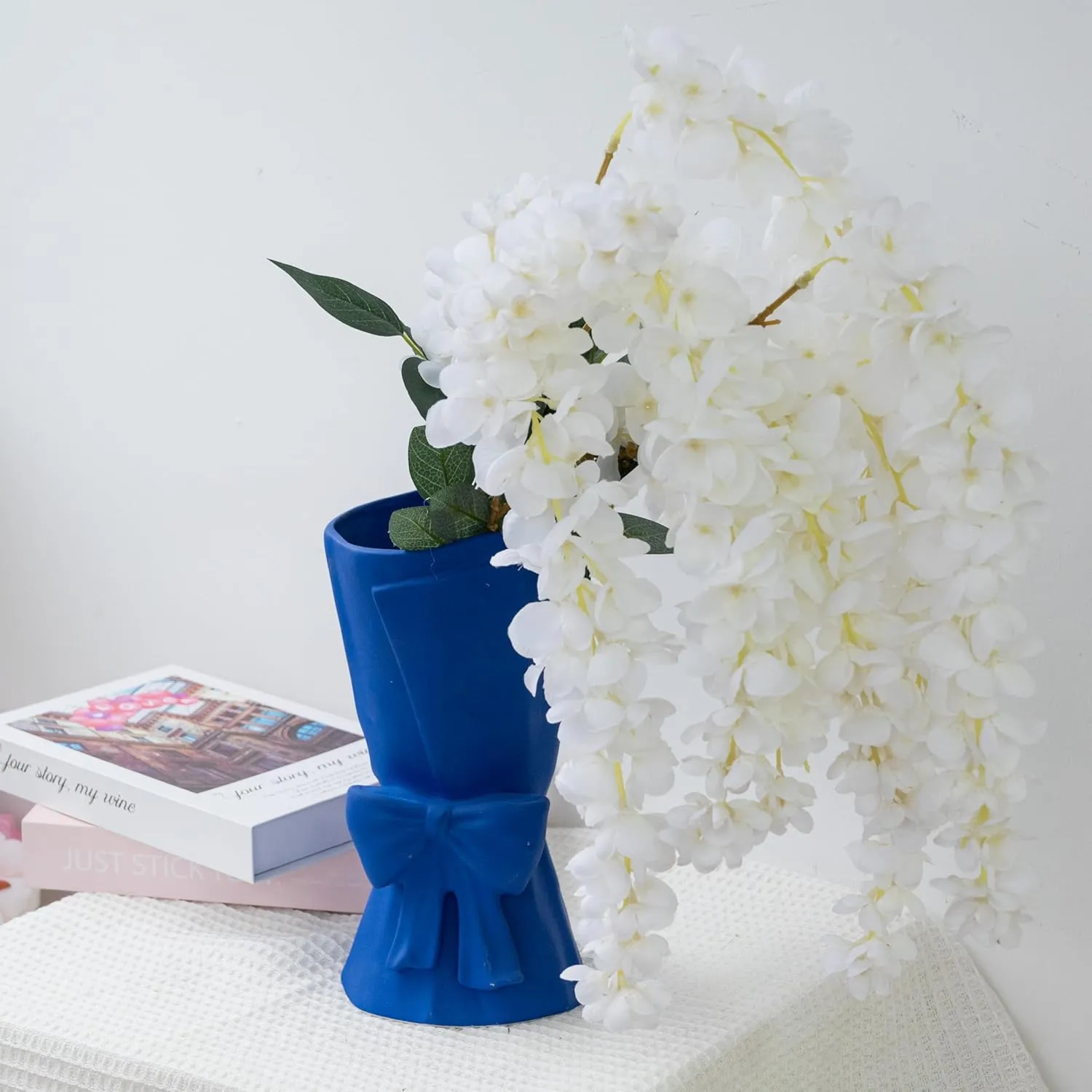 Blue Ceramic Bow Vase 9.64 in Unique Cute Modern Decorative Bouquet Flower Vases for Home Living Room Table Decor Women Girl Gifts