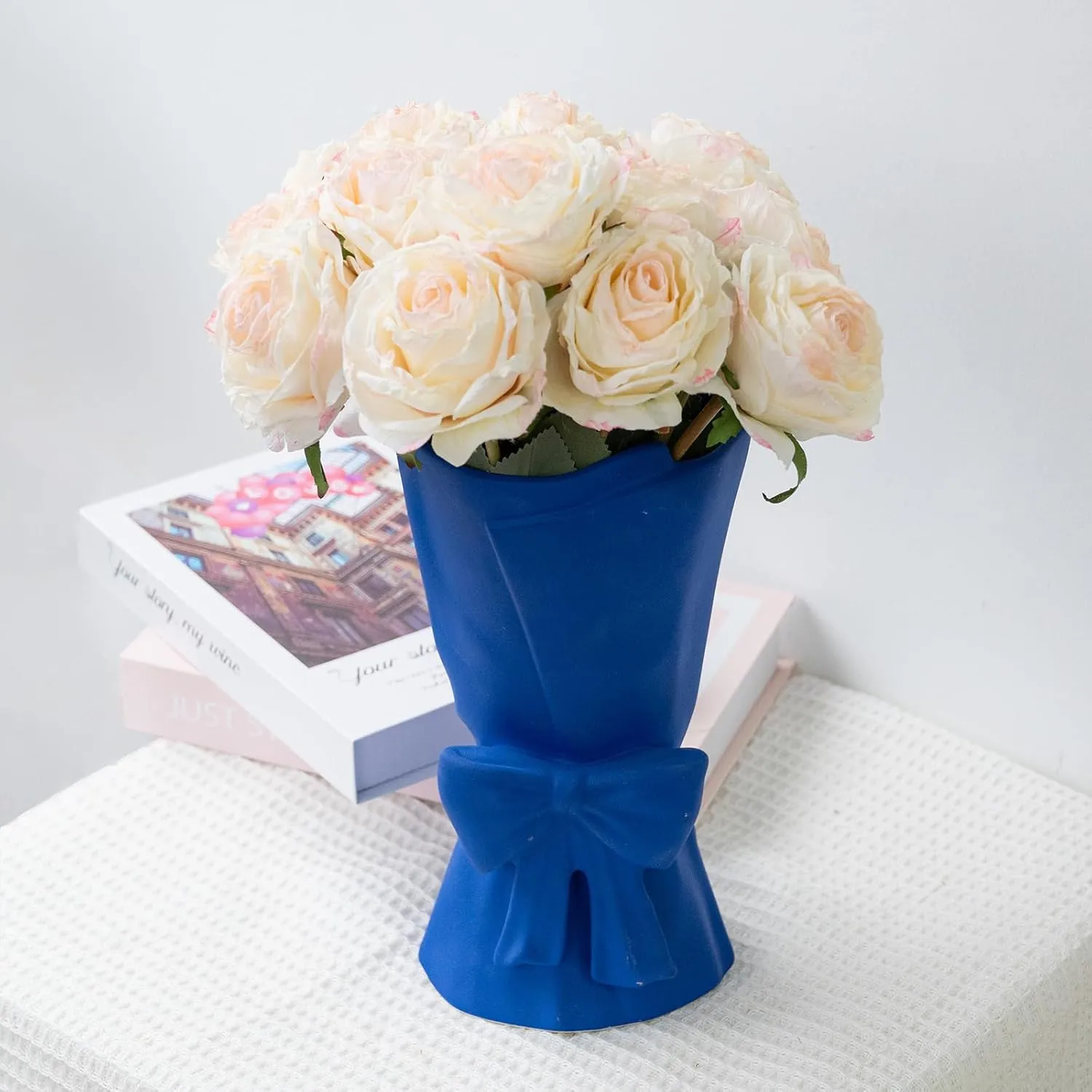 Blue Ceramic Bow Vase 9.64 in Unique Cute Modern Decorative Bouquet Flower Vases for Home Living Room Table Decor Women Girl Gifts