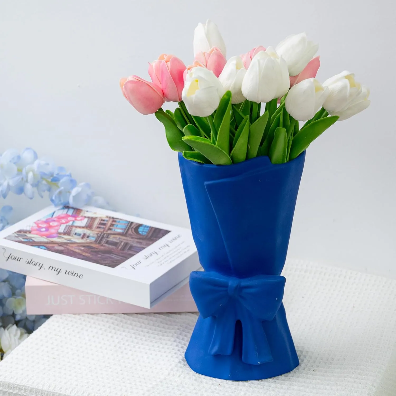 Blue Ceramic Bow Vase 9.64 in Unique Cute Modern Decorative Bouquet Flower Vases for Home Living Room Table Decor Women Girl Gifts