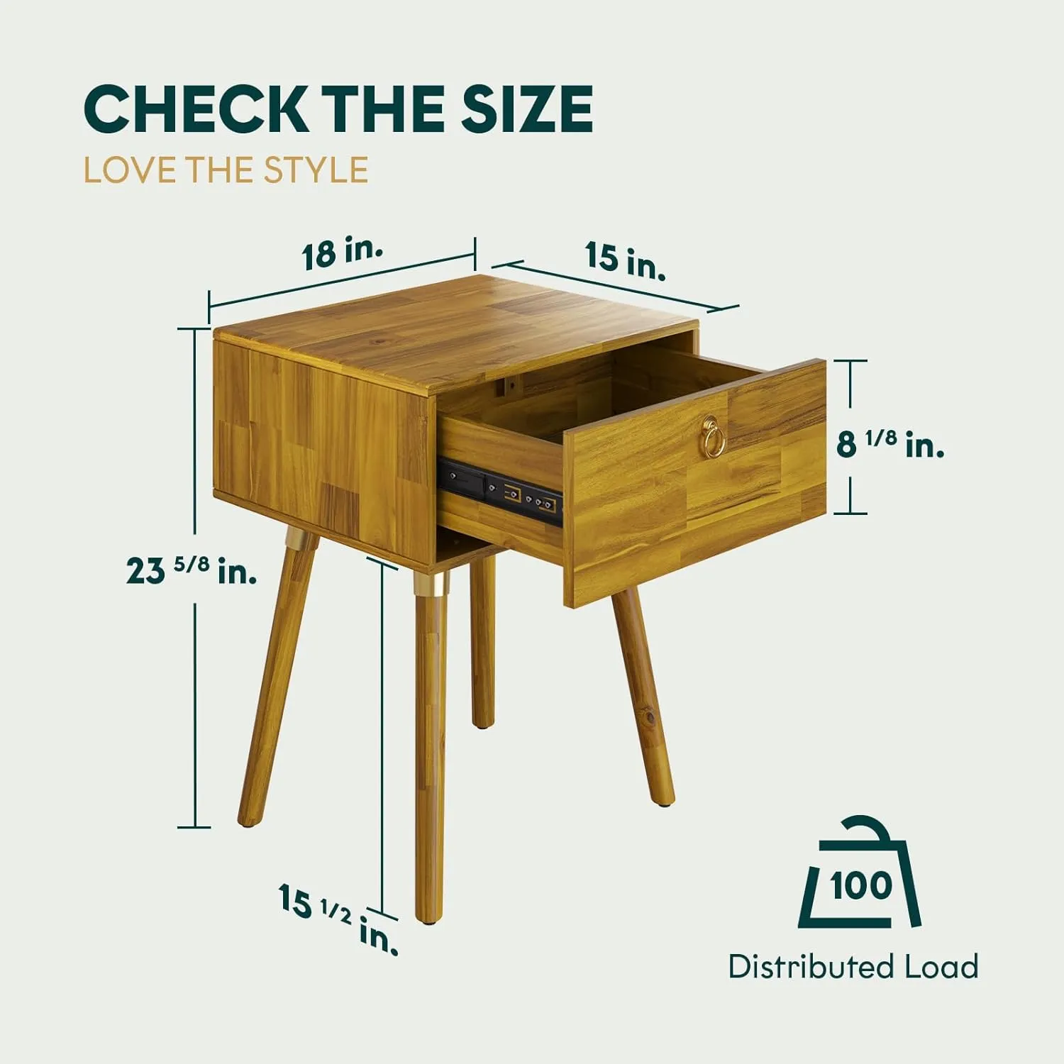 Bme Alden Wood Nightstand, Solid Wood End Table, Mid Century Modern Nightstand, Side Table with 1 Drawer, Compact for Bedroom, Living Room & Study Room, Easy Assembly, Honeyed Wood