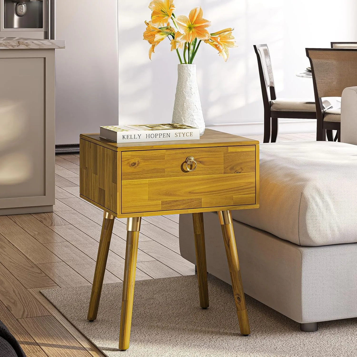 Bme Alden Wood Nightstand, Solid Wood End Table, Mid Century Modern Nightstand, Side Table with 1 Drawer, Compact for Bedroom, Living Room & Study Room, Easy Assembly, Honeyed Wood