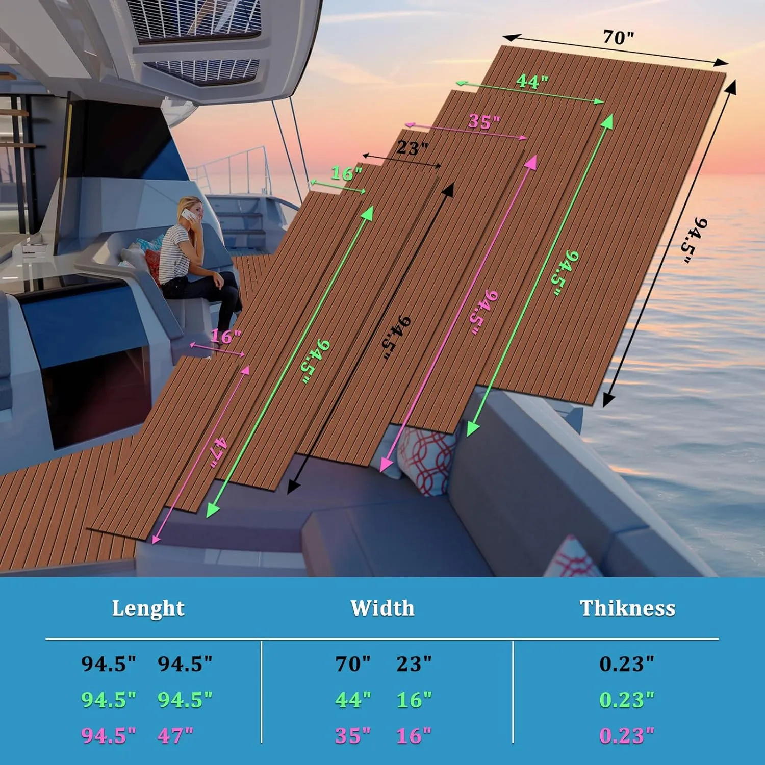 Boat Flooring EVA Foam Decking Teak Sheet - Non-Slip Marine Mat for Yacht, Motorboat, RV, Kayak and Swimming Pool - Self-Adhesive Flooring Material - 70"x 94"