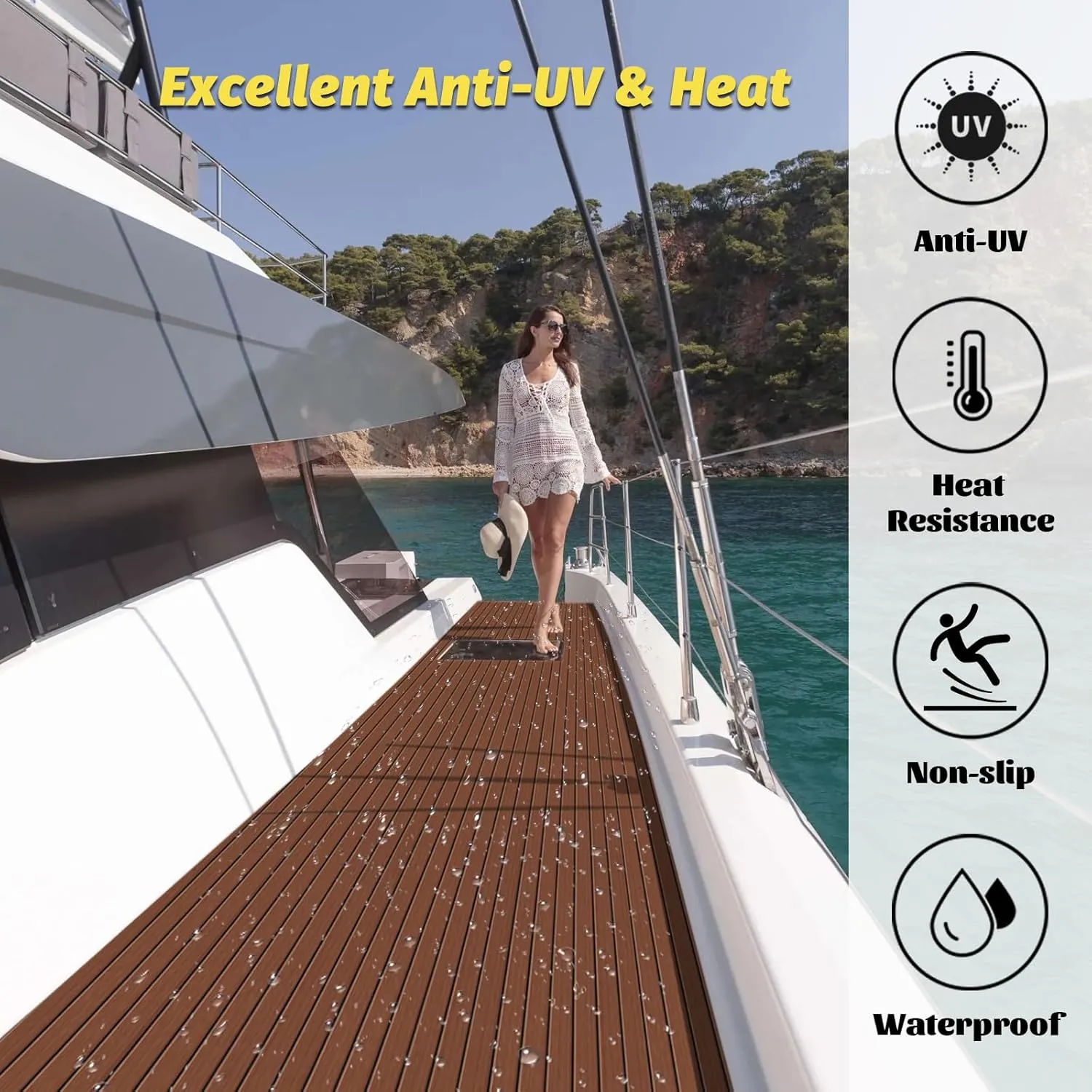 Boat Flooring EVA Foam Decking Teak Sheet - Non-Slip Marine Mat for Yacht, Motorboat, RV, Kayak and Swimming Pool - Self-Adhesive Flooring Material - 70"x 94"