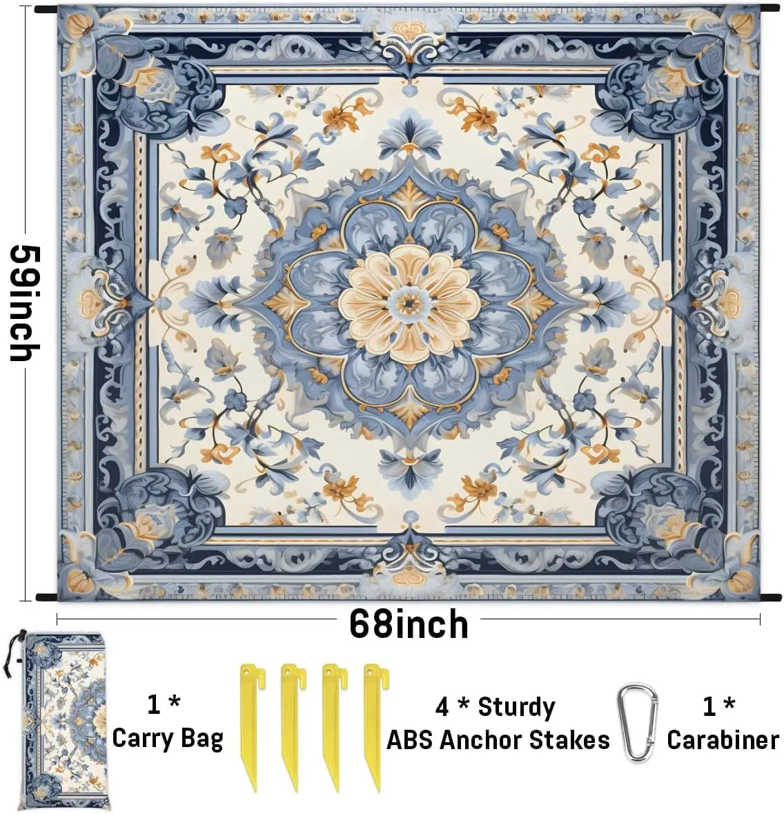 Boho Floral Beach Blanket, Sandproof Beach Mat, 68 x 59 Waterproof Quick Drying Sand Free Mat with 4 x Ground Spikes for Outdoor Travel Camping Hiking, Floral Boho Abstract