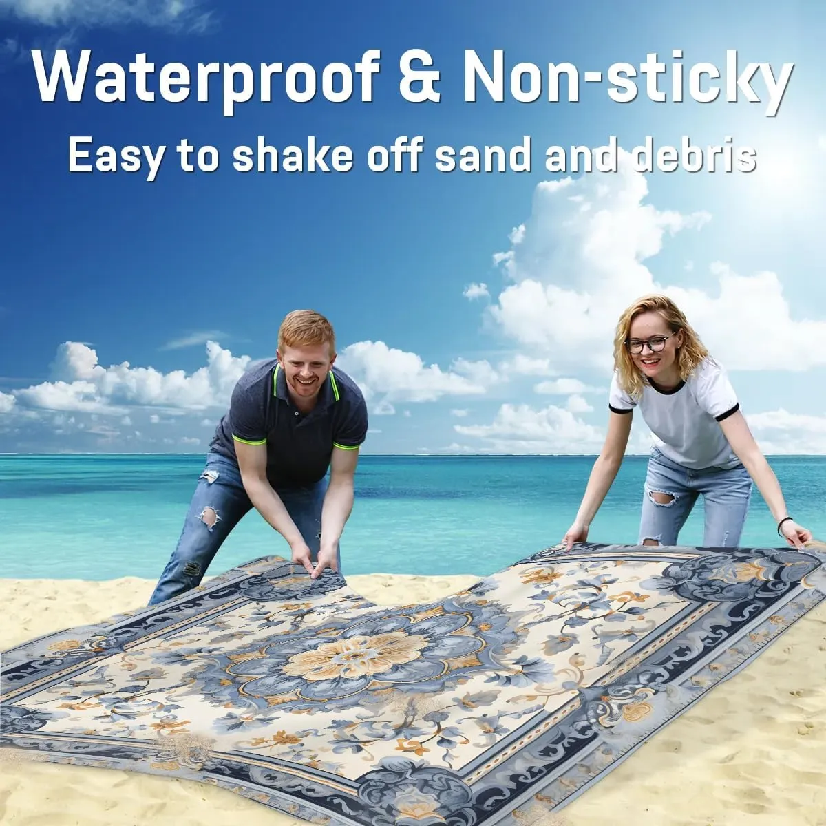 Boho Floral Beach Blanket, Sandproof Beach Mat, 68 x 59 Waterproof Quick Drying Sand Free Mat with 4 x Ground Spikes for Outdoor Travel Camping Hiking, Floral Boho Abstract