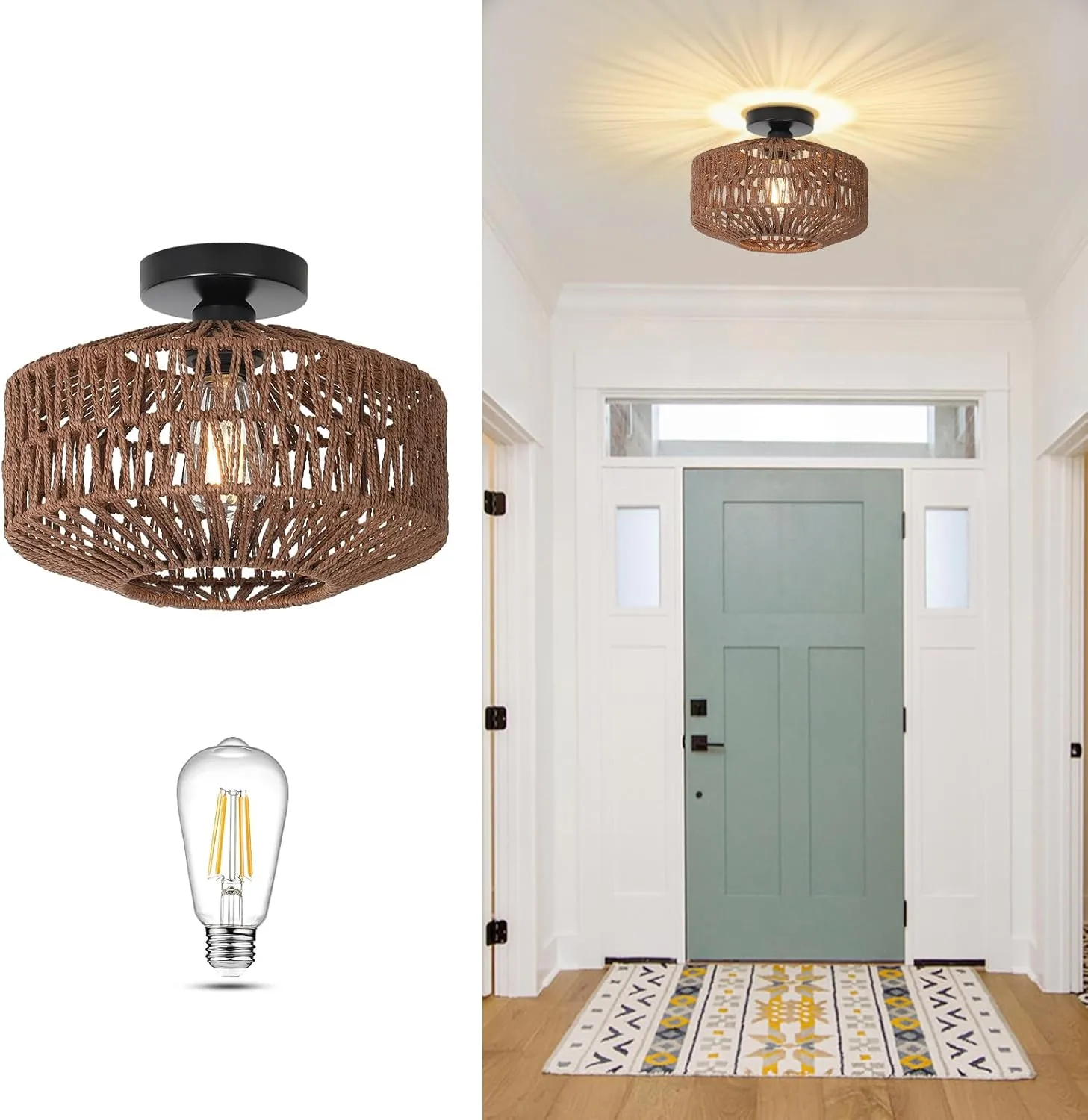 Boho Rattan Light Fixtures, Dimmable Ceiling Light with LED Bulb, Hand Woven Rattan Chandelier for Bedroom, Living Room, Entryway (Dark Brown)