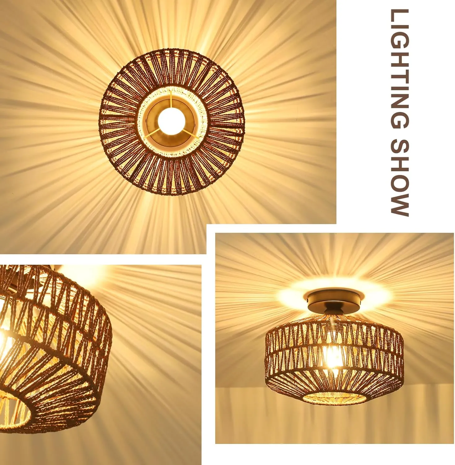 Boho Rattan Light Fixtures, Dimmable Ceiling Light with LED Bulb, Hand Woven Rattan Chandelier for Bedroom, Living Room, Entryway (Dark Brown)