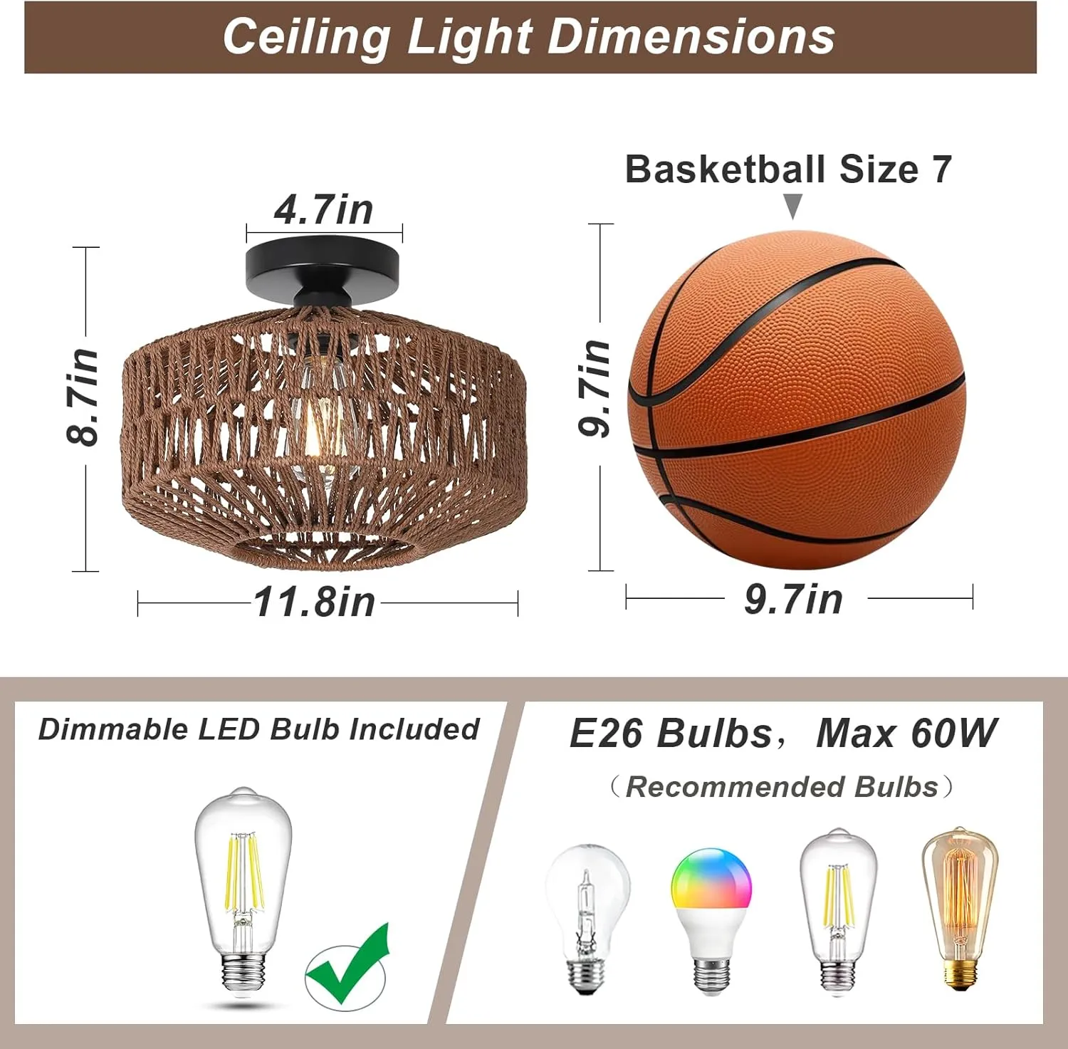 Boho Rattan Light Fixtures, Dimmable Ceiling Light with LED Bulb, Hand Woven Rattan Chandelier for Bedroom, Living Room, Entryway (Dark Brown)