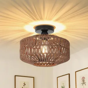 Boho Rattan Light Fixtures, Dimmable Ceiling Light with LED Bulb, Hand Woven Rattan Chandelier for Bedroom, Living Room, Entryway (Dark Brown)