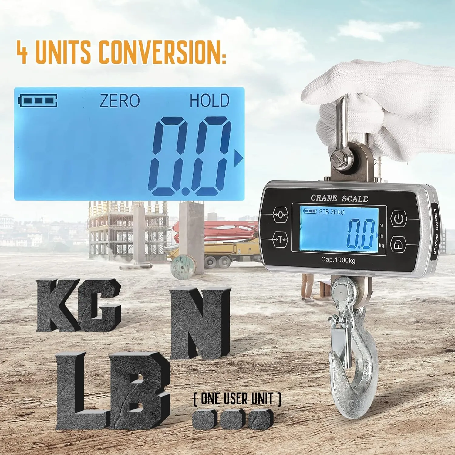 Bonvoisin Digital Crane Scale 2200lb/1000kg Industrial Hanging Scale Digital Heavy Duty for Farms Portable Big Hoist Wild Game Scale kg/lb/N (2200lb)