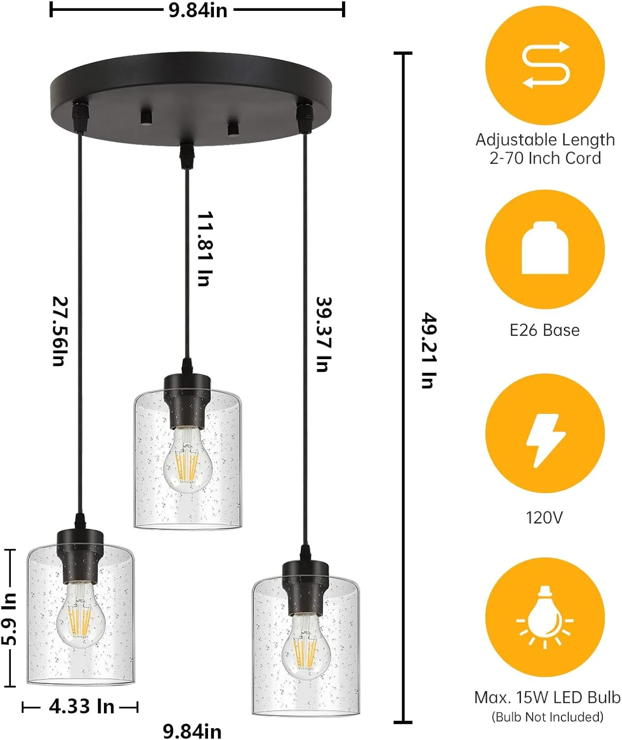 BoostArea 3-Light Modern Pendant Light Fixtures, Industrial Hanging Ceiling Lamp with Seeded Glass Shade, Farmhouse Black Pendant Lighting for Kitchen Island Sink Living Room Hallway Dining Bedroom