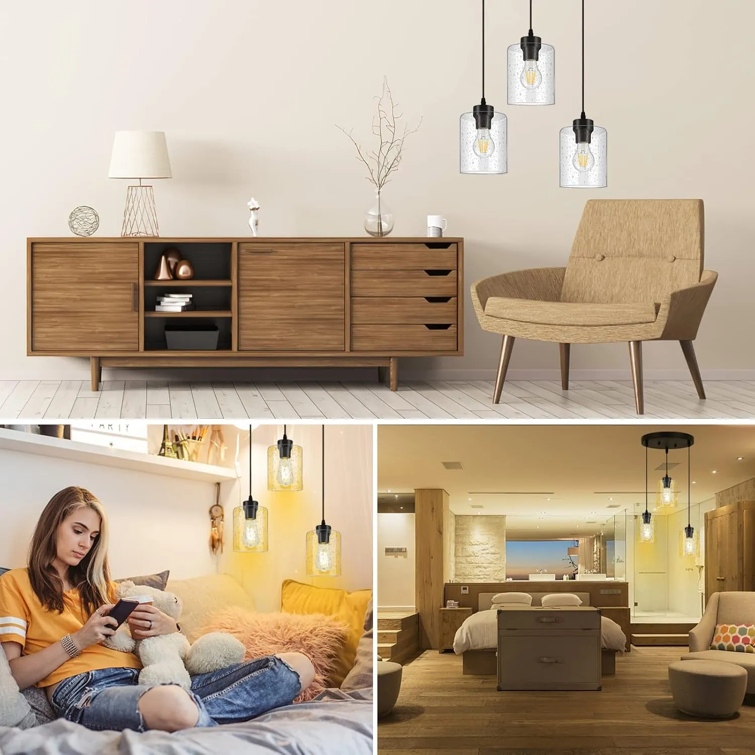 BoostArea 3-Light Modern Pendant Light Fixtures, Industrial Hanging Ceiling Lamp with Seeded Glass Shade, Farmhouse Black Pendant Lighting for Kitchen Island Sink Living Room Hallway Dining Bedroom