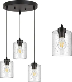 BoostArea 3-Light Modern Pendant Light Fixtures, Industrial Hanging Ceiling Lamp with Seeded Glass Shade, Farmhouse Black Pendant Lighting for Kitchen Island Sink Living Room Hallway Dining Bedroom