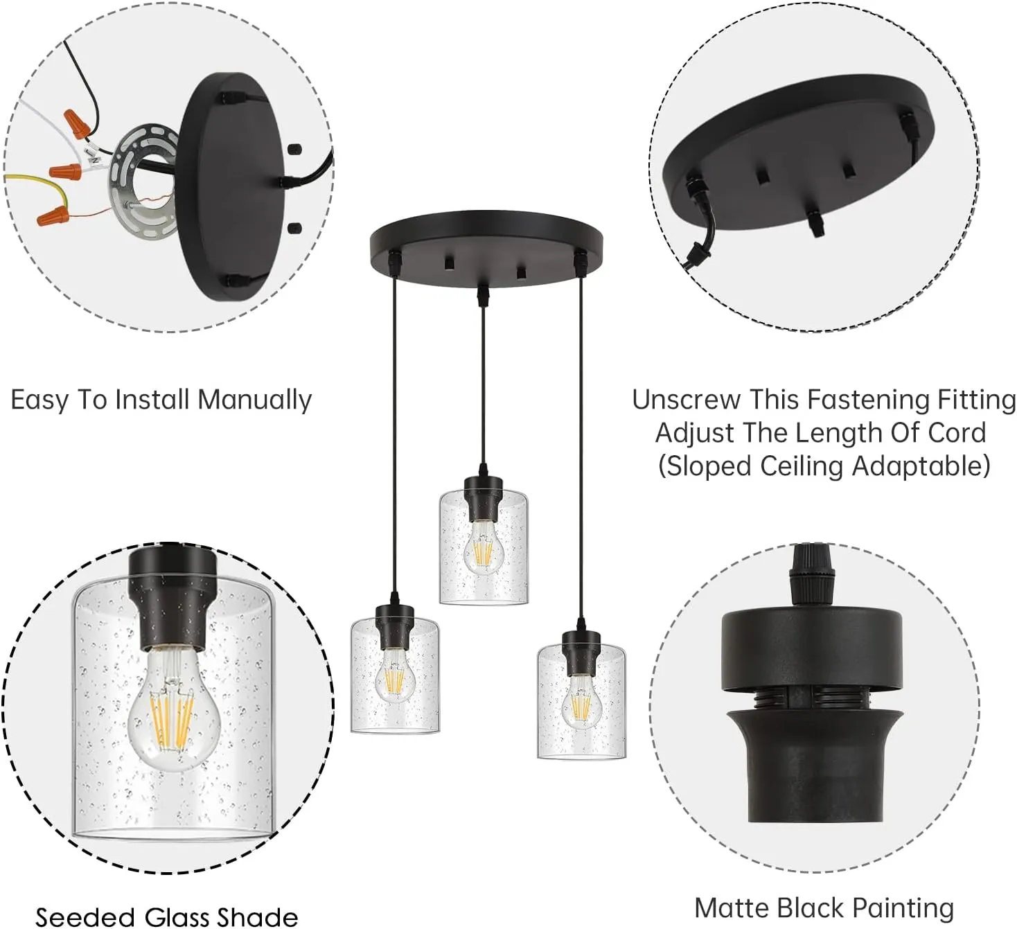 BoostArea 3-Light Modern Pendant Light Fixtures, Industrial Hanging Ceiling Lamp with Seeded Glass Shade, Farmhouse Black Pendant Lighting for Kitchen Island Sink Living Room Hallway Dining Bedroom