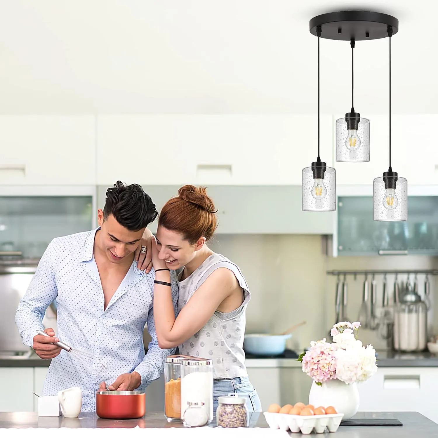 BoostArea 3-Light Modern Pendant Light Fixtures, Industrial Hanging Ceiling Lamp with Seeded Glass Shade, Farmhouse Black Pendant Lighting for Kitchen Island Sink Living Room Hallway Dining Bedroom