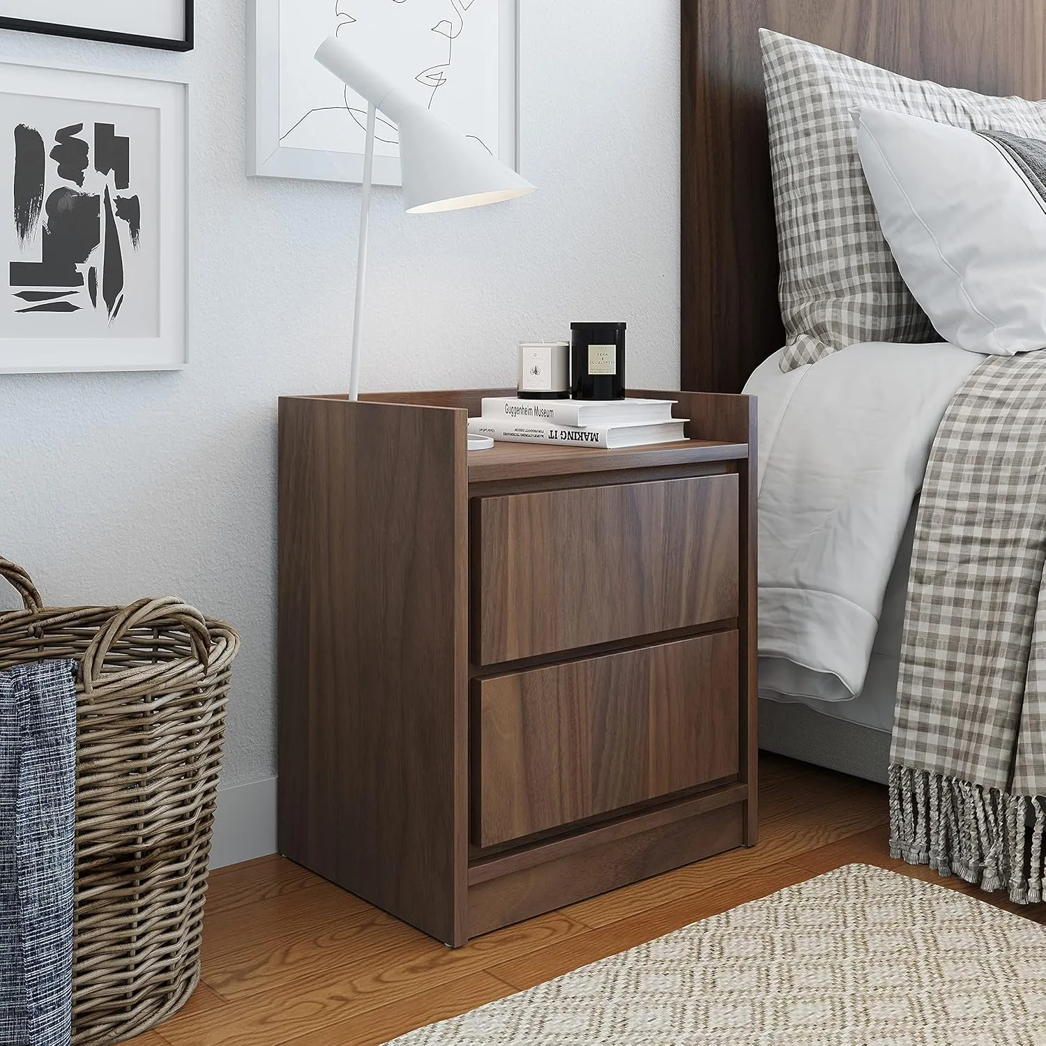 Boyd Sleep Adagio Swing Door Modern Nightstand: Bedroom Side Table with Storage Cubby and Shelf, Walnut