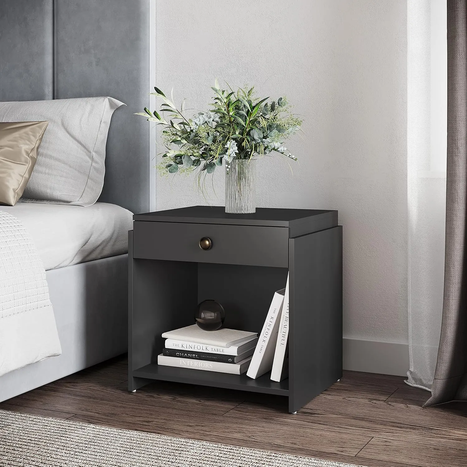 Boyd Sleep Bedroom Nightstand Bedside Table: Sydney Single Drawer Storage with Open Shelving, Black