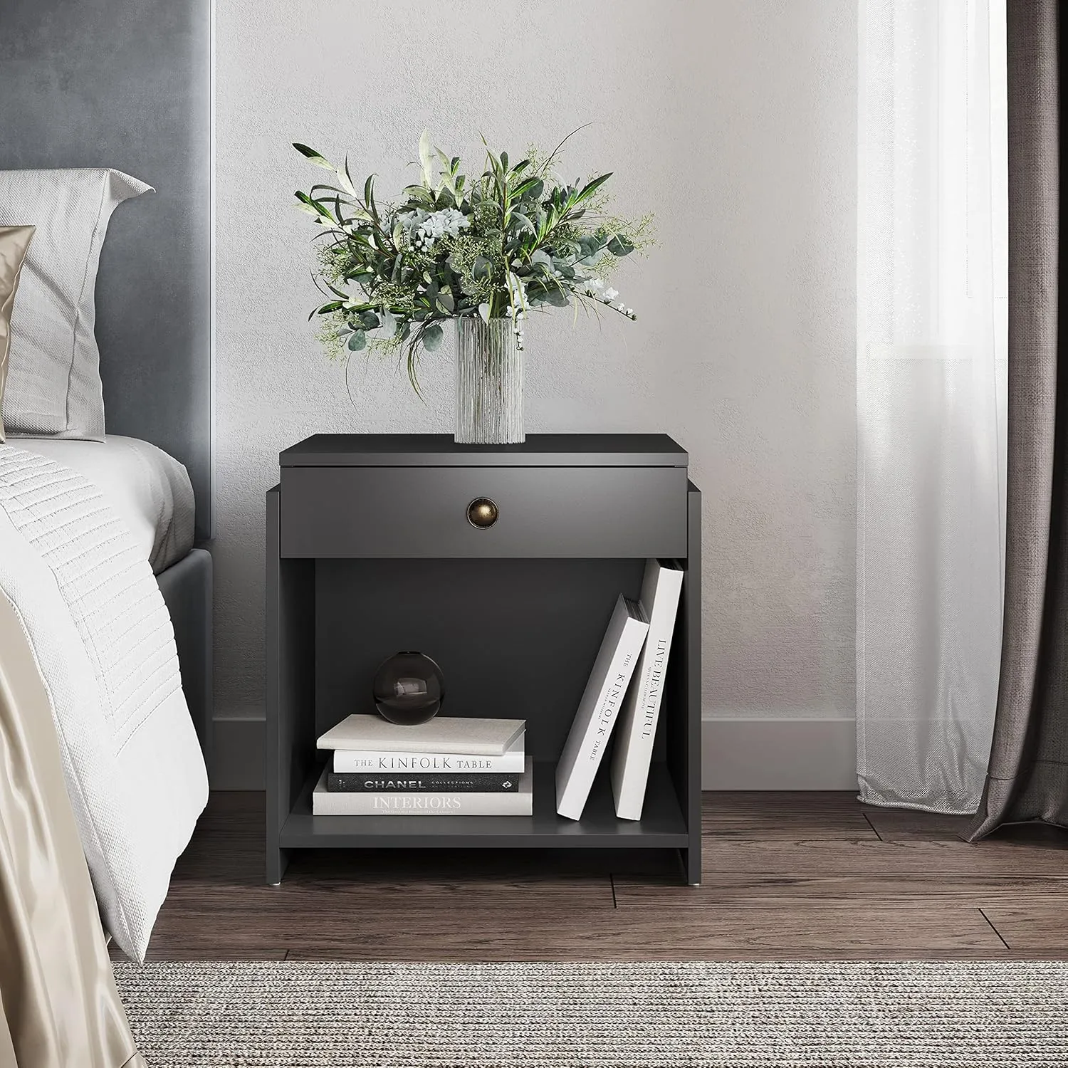 Boyd Sleep Bedroom Nightstand Bedside Table: Sydney Single Drawer Storage with Open Shelving, Black