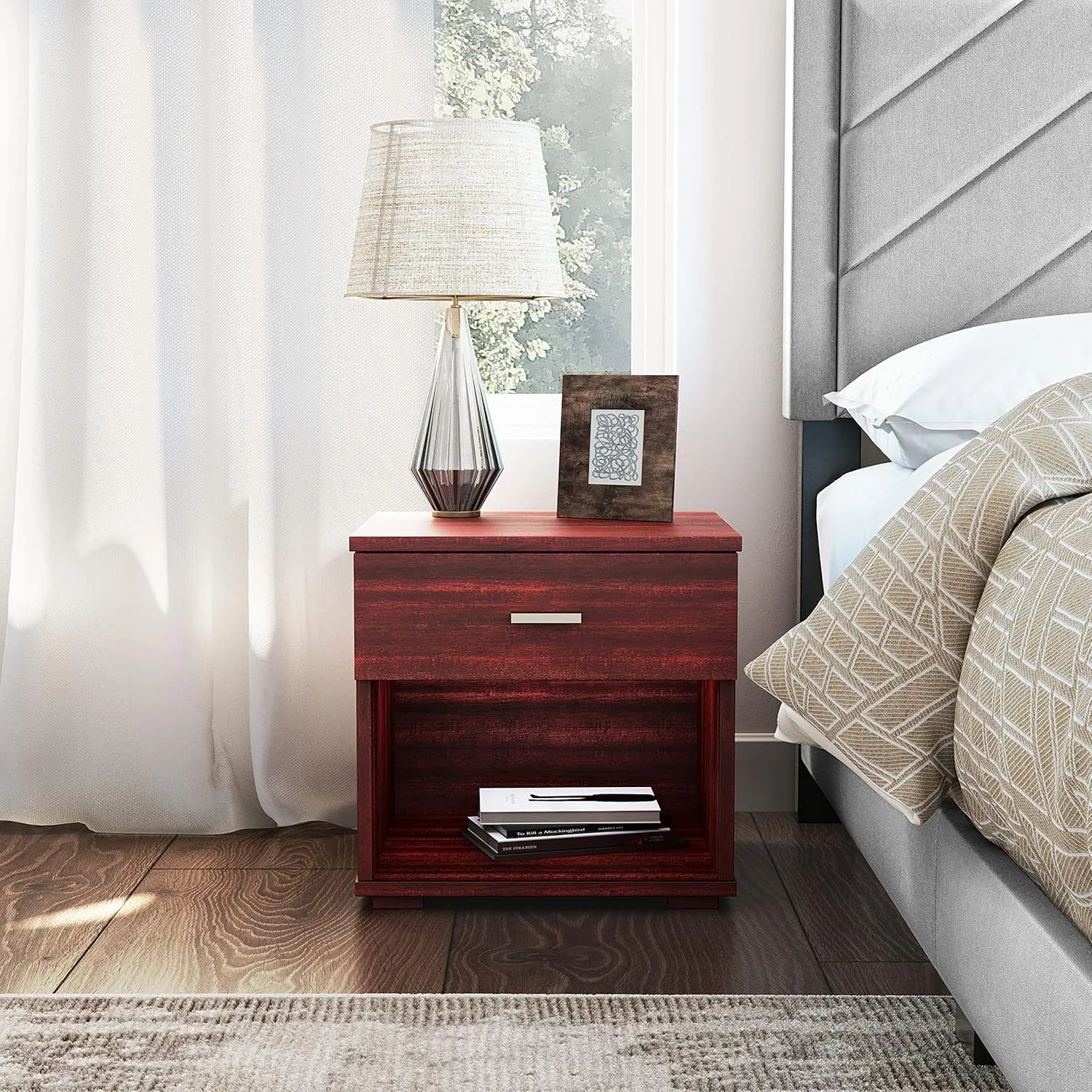 Boyd Sleep Novara One Drawer Nightstand with Open Storage Cubby: Modern Bedroom Storage Side Table, Cherry