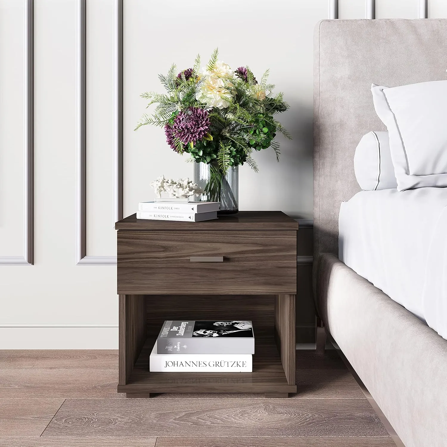 Boyd Sleep Novara One Drawer Nightstand with Open Storage Cubby: Modern Bedroom Storage Side Table, Walnut