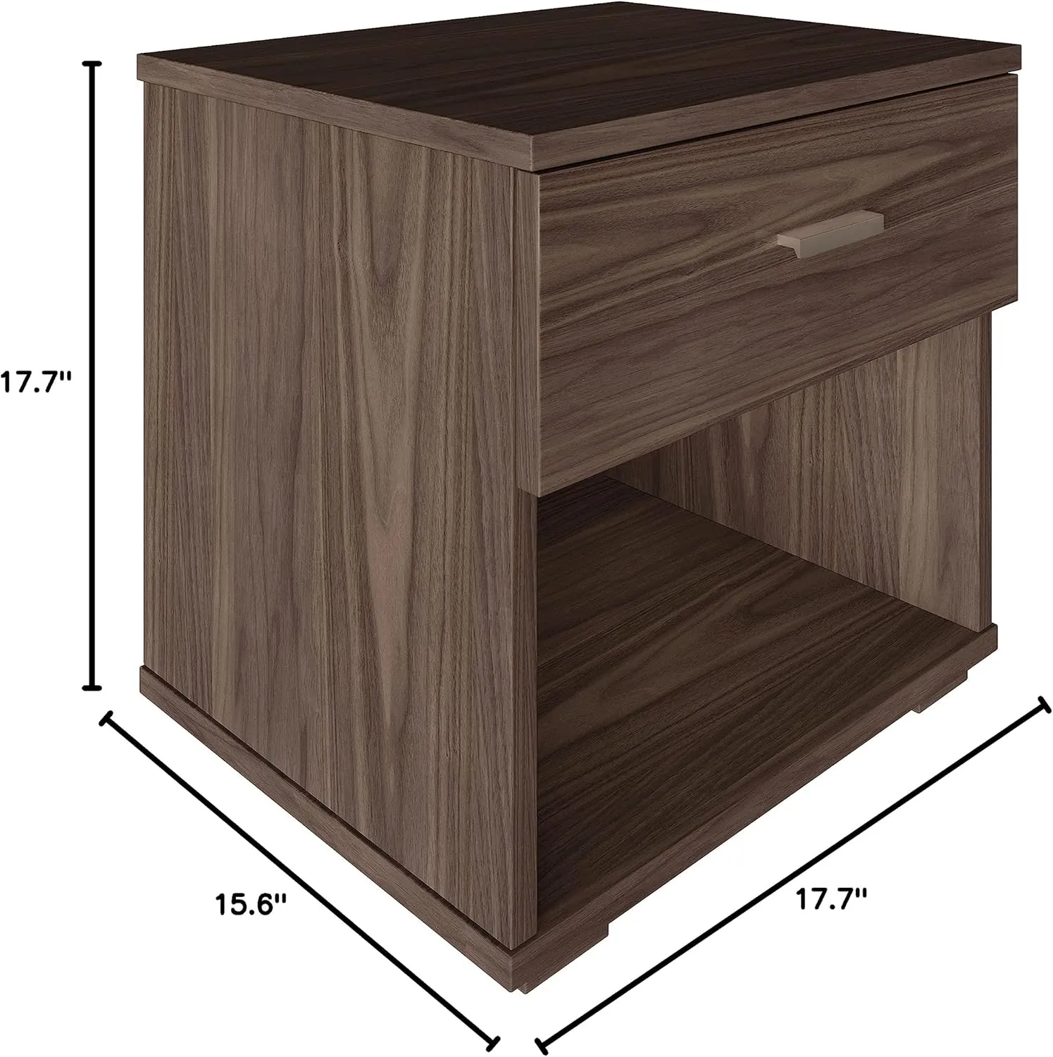 Boyd Sleep Novara One Drawer Nightstand with Open Storage Cubby: Modern Bedroom Storage Side Table, Walnut