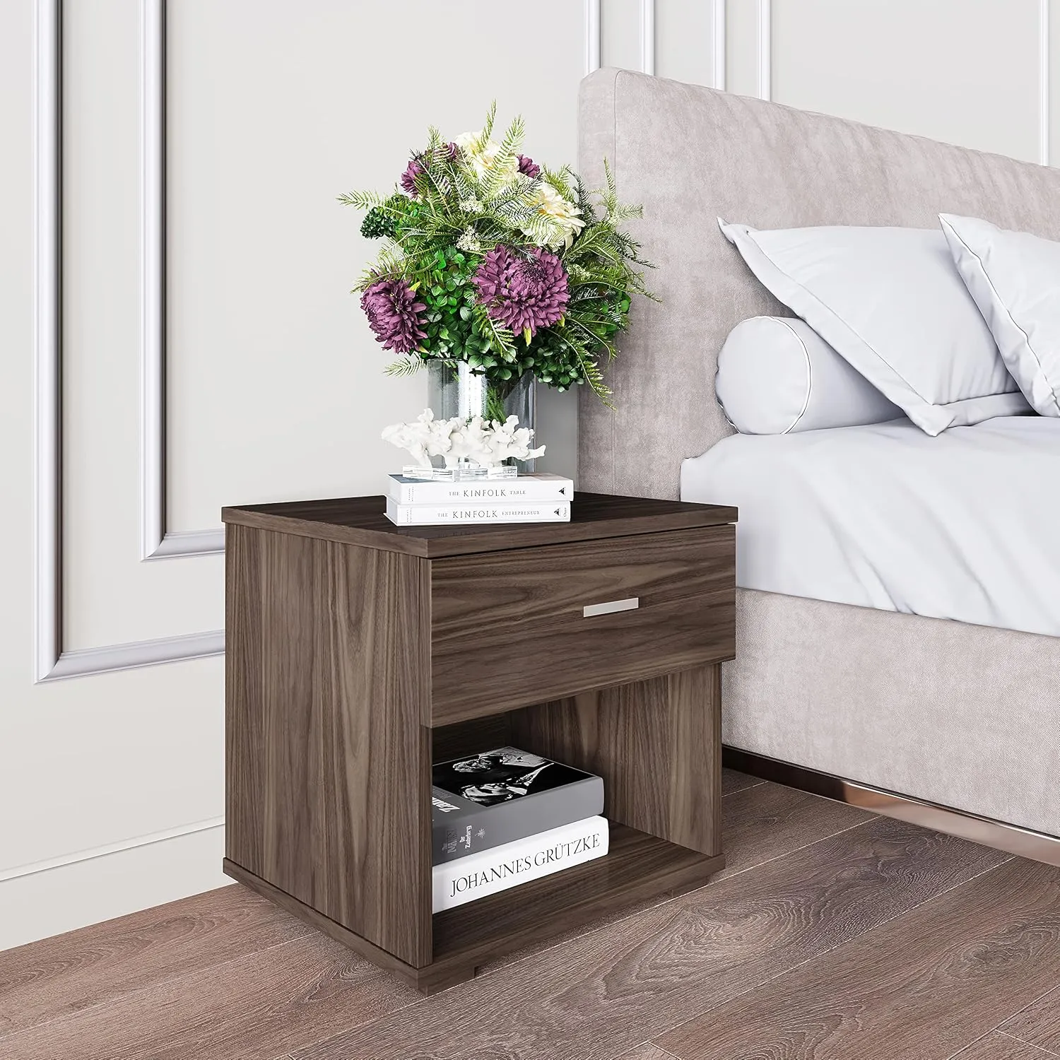 Boyd Sleep Novara One Drawer Nightstand with Open Storage Cubby: Modern Bedroom Storage Side Table, Walnut
