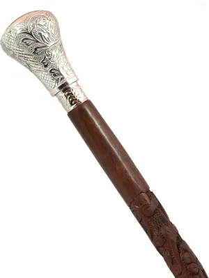 Brass Handle Wooden Stick Vintage Foldable Walking Cane Carved Grip for Hiking Gift