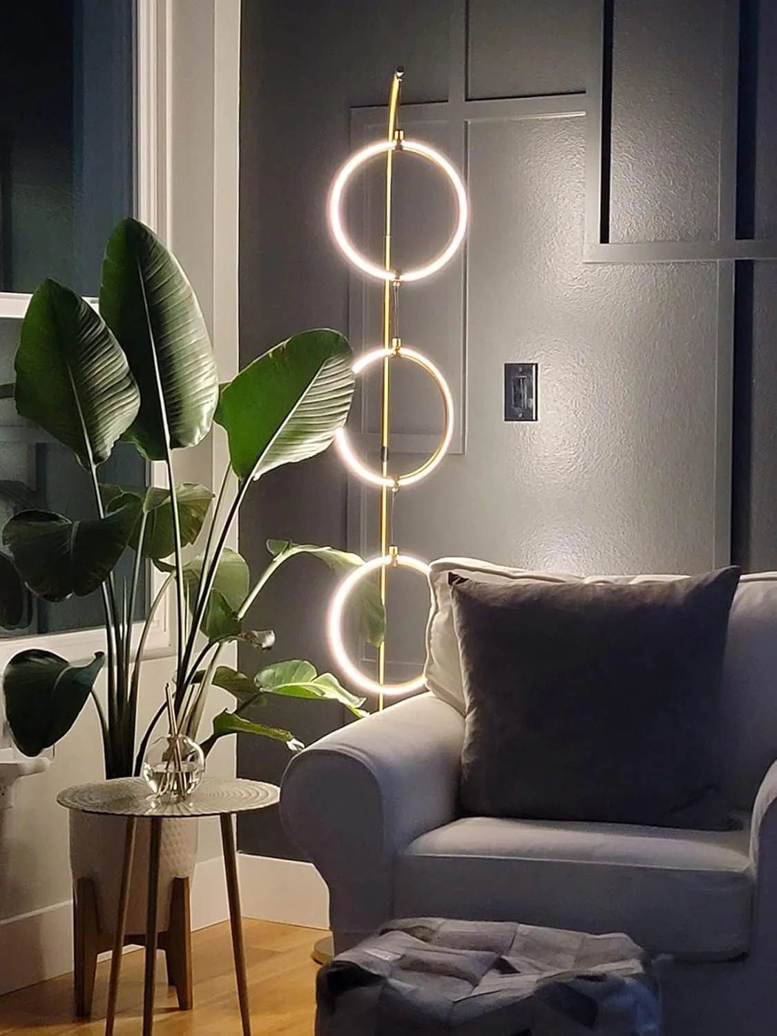 Brightech Nova Modern Floor Lamp Matches Living Room Décor - Contemporary Arc Tall Lamp with 3-Circle Ring-Style Pendant - Over The Couch Standing on Arching Pole - Eclectic - Gold