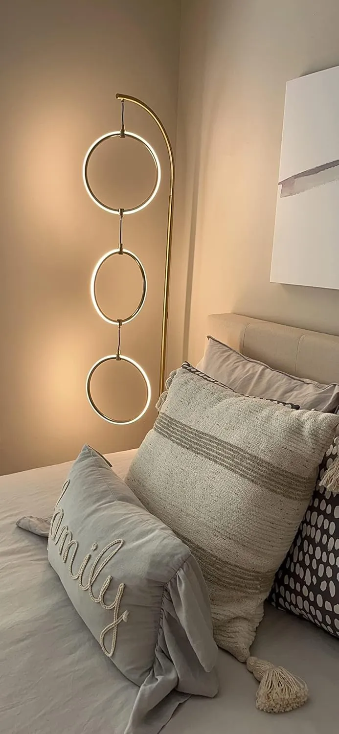 Brightech Nova Modern Floor Lamp Matches Living Room Décor - Contemporary Arc Tall Lamp with 3-Circle Ring-Style Pendant - Over The Couch Standing on Arching Pole - Eclectic - Gold