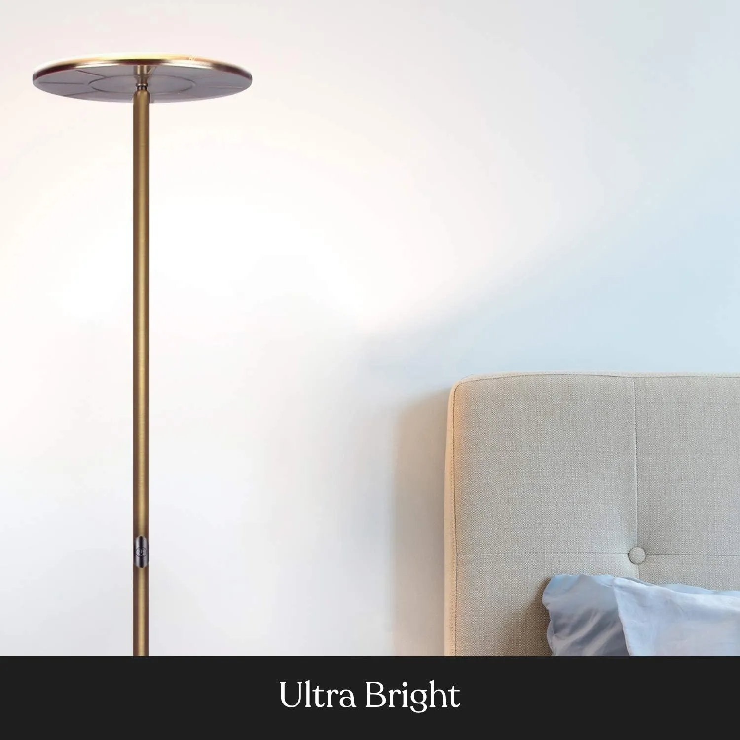 Brightech Sky Flux Dimmable LED Floor Lamp – Super Bright Floor Lamp for Living Room and Offices – Torchiere Standing Lamp with 3 Light Options, Tall Lamp for Bedroom Reading and More - Brass