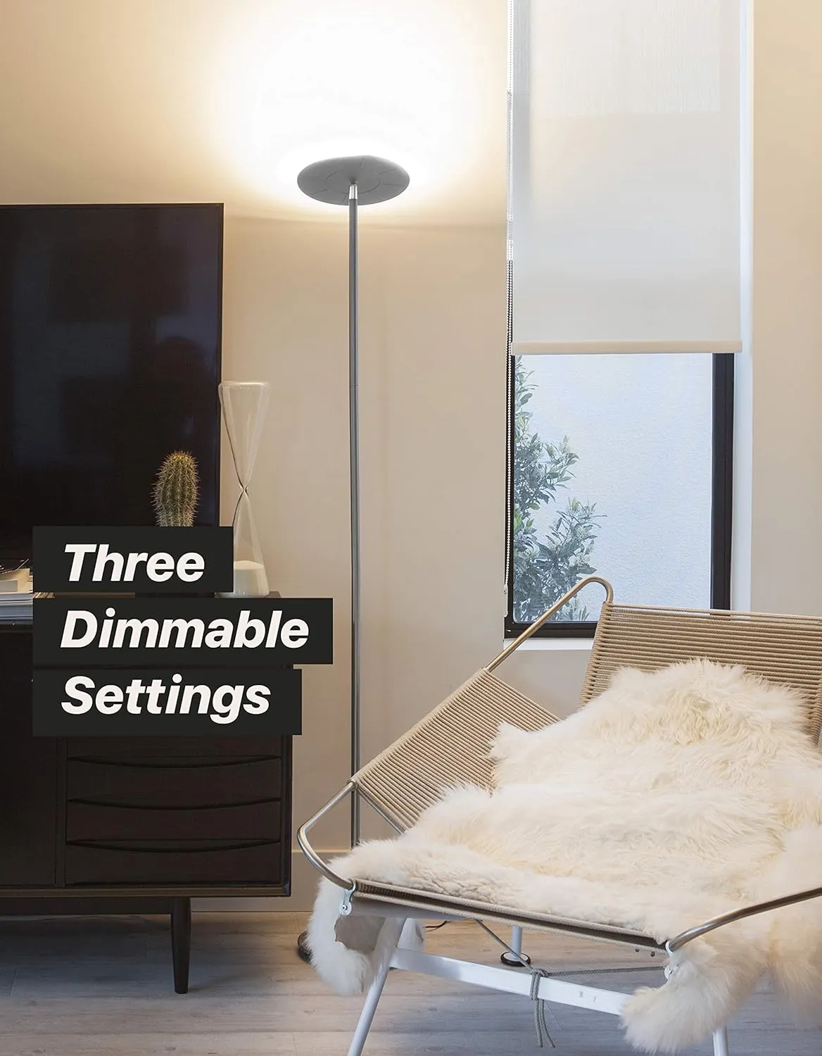 Brightech Sky LED Floor lamp, Torchiere Super Bright Floor Lamp for Living Rooms & Offices - Dimmable, Tall Standing Lamp for Bedroom Reading - Brushed Nickel