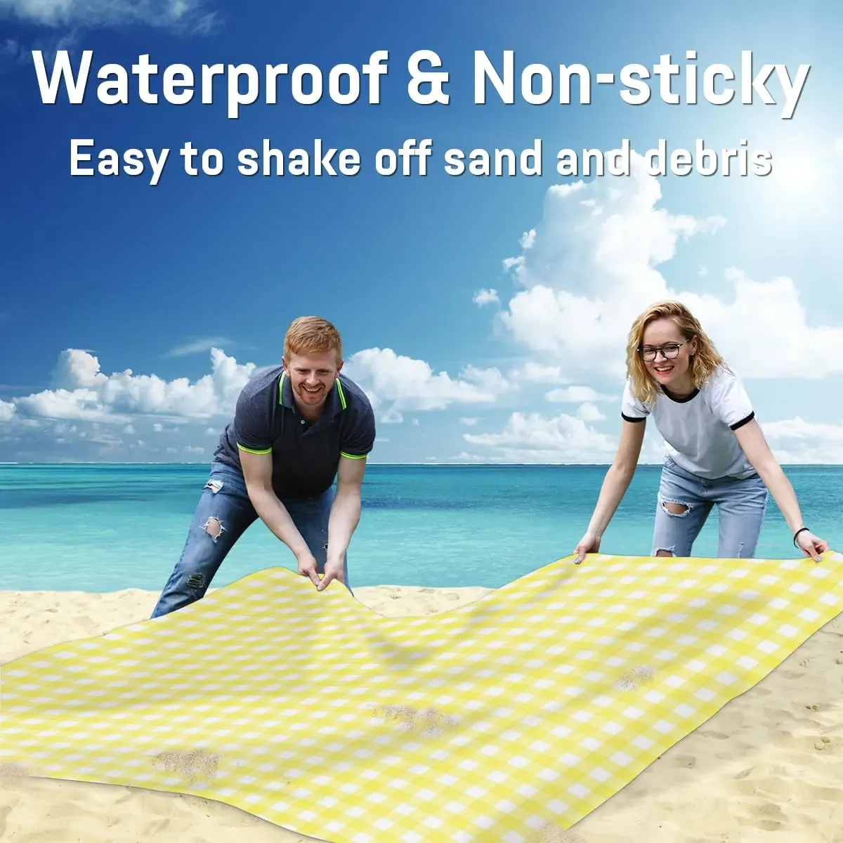 Buffalo Plaid Beach Blanket, Sandproof Beach Mat, 68 x 59 Waterproof Quick Drying Sand Free Mat with 4 x Ground Spikes for Outdoor Travel Camping Hiking, Yellow Buffalo Plaid