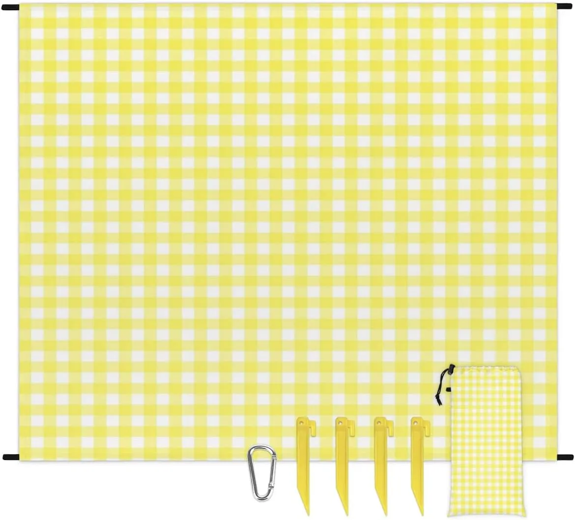 Buffalo Plaid Beach Blanket, Sandproof Beach Mat, 68 x 59 Waterproof Quick Drying Sand Free Mat with 4 x Ground Spikes for Outdoor Travel Camping Hiking, Yellow Buffalo Plaid