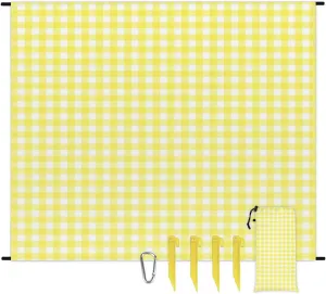 Buffalo Plaid Beach Blanket, Sandproof Beach Mat, 68 x 59 Waterproof Quick Drying Sand Free Mat with 4 x Ground Spikes for Outdoor Travel Camping Hiking, Yellow Buffalo Plaid