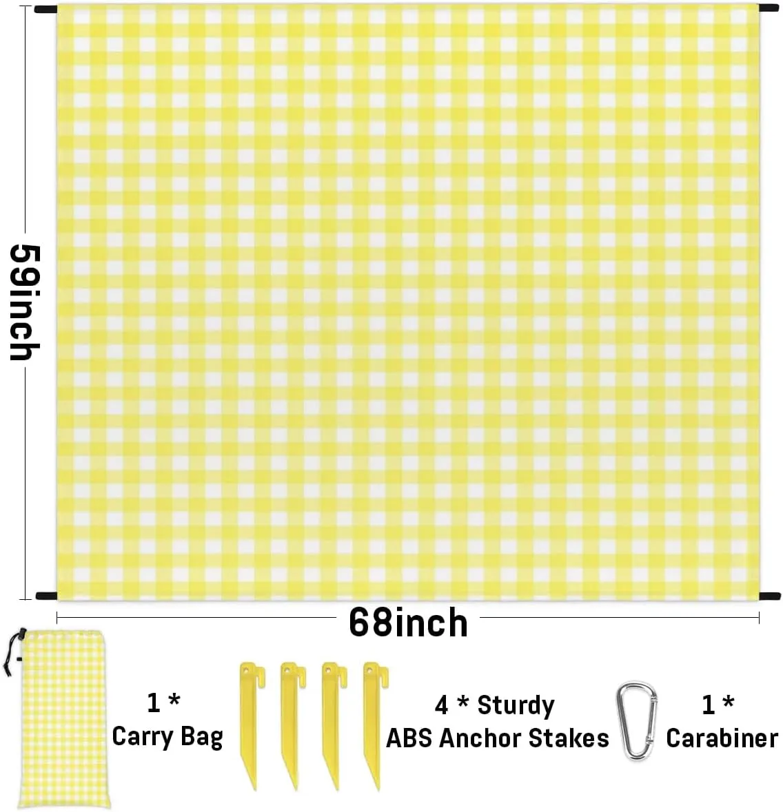 Buffalo Plaid Beach Blanket, Sandproof Beach Mat, 68 x 59 Waterproof Quick Drying Sand Free Mat with 4 x Ground Spikes for Outdoor Travel Camping Hiking, Yellow Buffalo Plaid