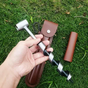 Bushcraft Survival Tool, Extended Hand Auger Wrench Wood Drill Scotch Eye Manual Hand Drill Bit with Holster for Camping Shelter Building, Barbecue Grill, Small Benches, Bushcrafting, Peg Hole Maker