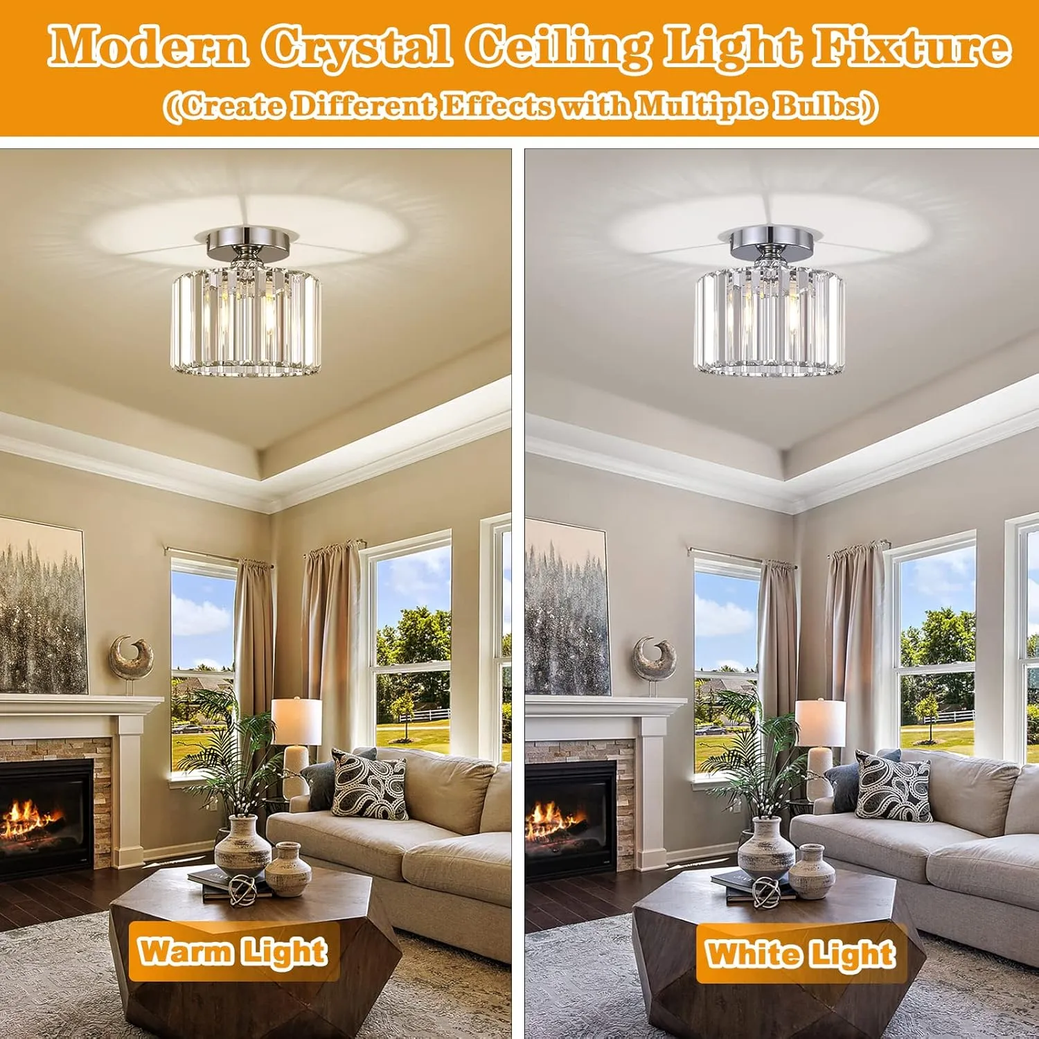 BUXVRCS Semi Flush Mount Modern Chandelier, Crystal Ceiling Light Fixture, Small Close to Ceiling Light for Living Room, Bedroom, Hallway, Bathroom, Kitchen, Entryway (Silver)
