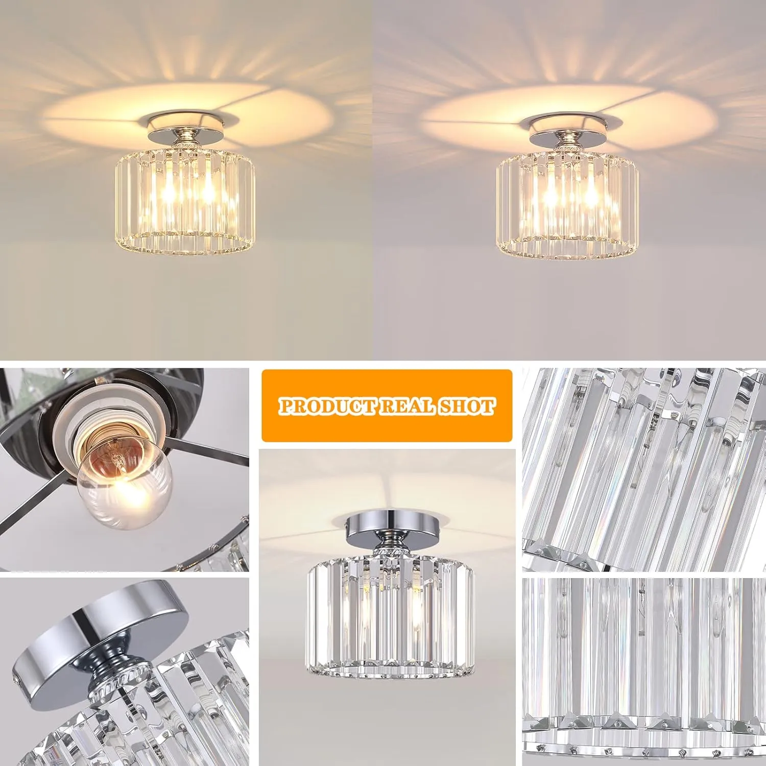 BUXVRCS Semi Flush Mount Modern Chandelier, Crystal Ceiling Light Fixture, Small Close to Ceiling Light for Living Room, Bedroom, Hallway, Bathroom, Kitchen, Entryway (Silver)