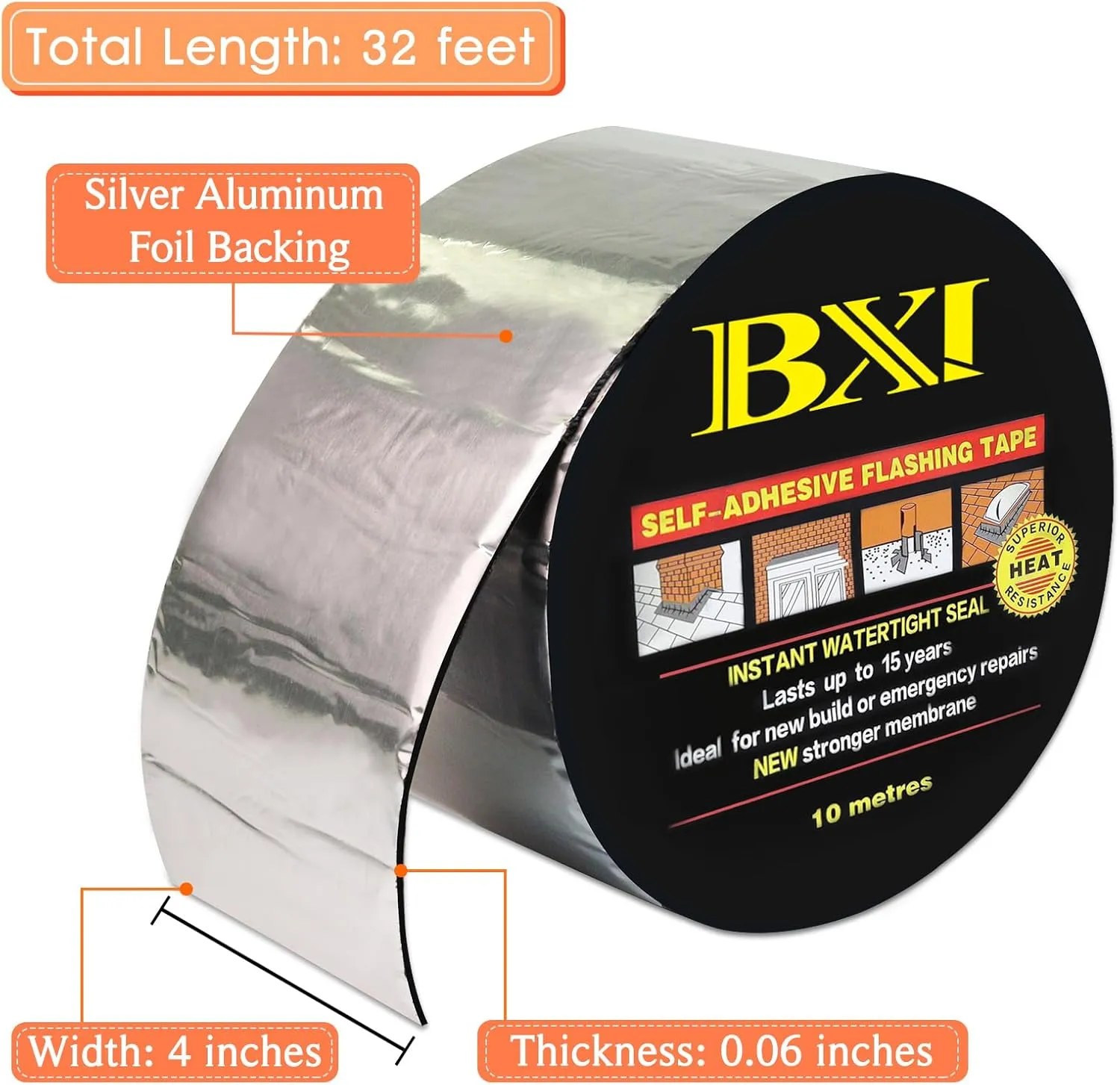 BXI Flashing Roll Tape Membrane, 4 inches X 32 Feet Thick Waterproof Patch Seal Tape, Self-Adhesive SBS Modified Rubberized Asphalt, Deck Seam Joist Leak Sealant for Roof Window Gutter Repair Outdoor