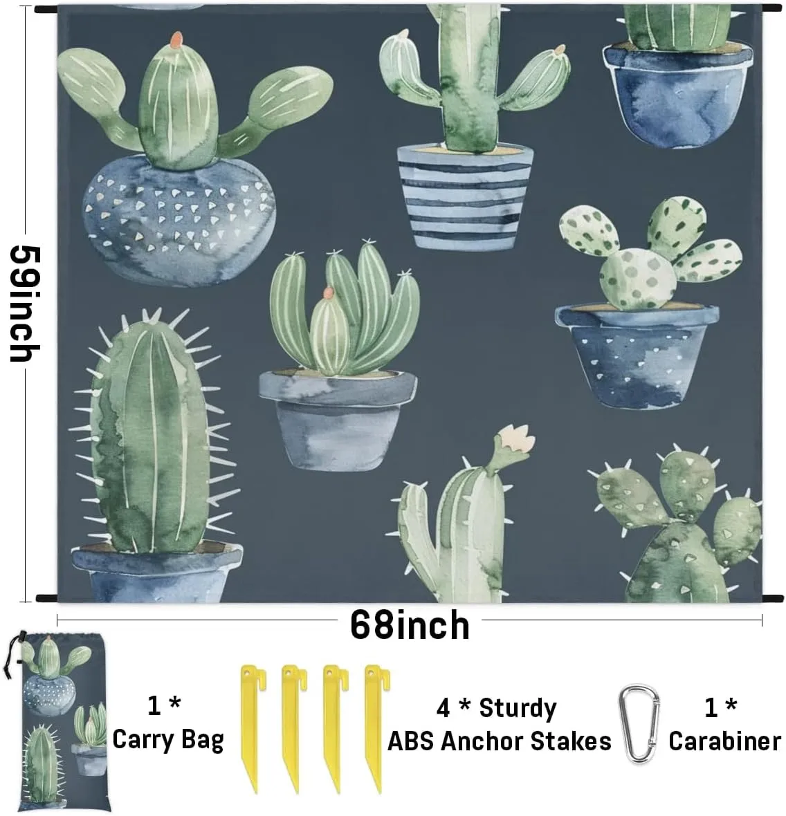 Cacti Plant Beach Blanket, Sandproof Beach Mat, Adults Waterproof Quick Drying Sand Free Mat with 4 x Ground Spikes for Outdoor Travel Camping Hiking, Cactus