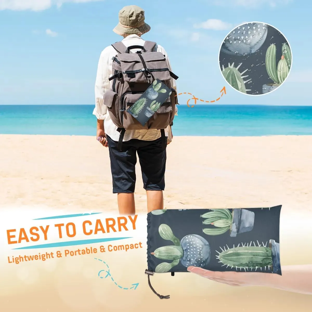Cacti Plant Beach Blanket, Sandproof Beach Mat, Adults Waterproof Quick Drying Sand Free Mat with 4 x Ground Spikes for Outdoor Travel Camping Hiking, Cactus