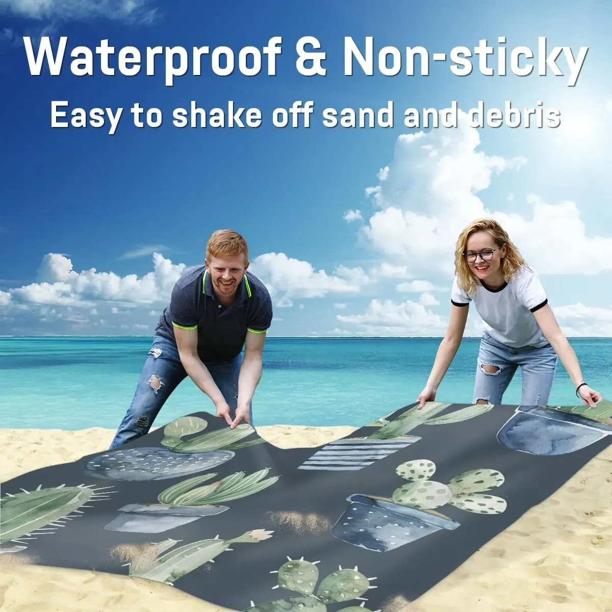 Cacti Plant Beach Blanket, Sandproof Beach Mat, Adults Waterproof Quick Drying Sand Free Mat with 4 x Ground Spikes for Outdoor Travel Camping Hiking, Cactus