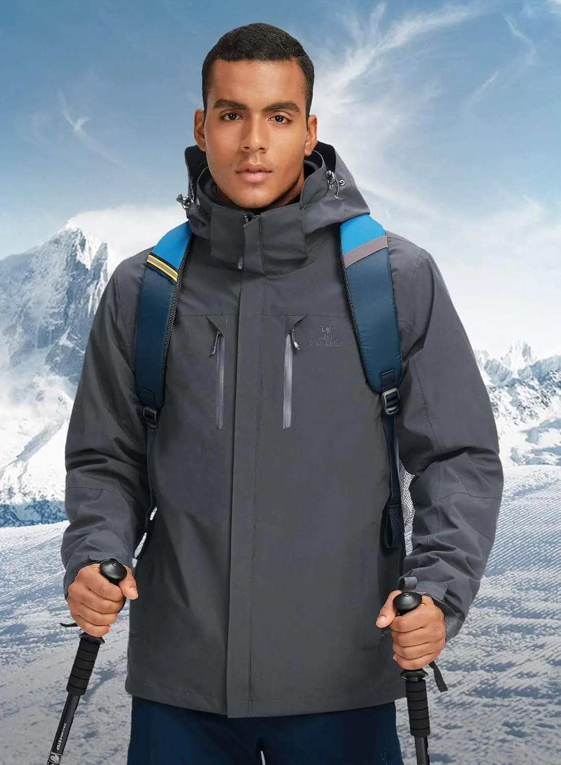 CAMEL CROWN Outdoor Jacket Men Winter Ski Jacket Windbreaker 3 in1 Hooded Rain Coat for Traveling Climbing Hiking