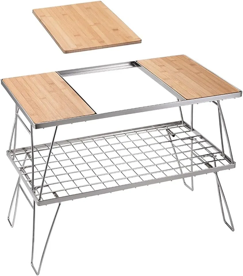 Camping Folding Table Outdoor Single Deck Picnic Table Stainless Steel Bamboo Folding Table Stove Barbecue Grill Beach Self-Driving Tour Multifunctional Table for Picnic Backyards Beach (Color : B)